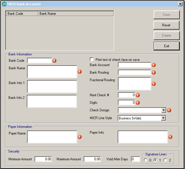 2020 MICR Bank Accounts screen